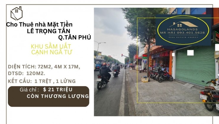 Cho thuê nhà Mặt Tiền Lê Trọng Tấn 72m2, 21Triệu, sát ngã tư